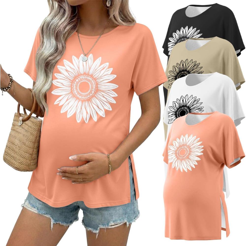 imageEkouaer 4 Pack Maternity Shirts Short Sleeve Pregnancy Tunic Tops Casual Postpartum Outfits Split Side Mama ClothesBlackKhakiOrangeWhite Sunflower