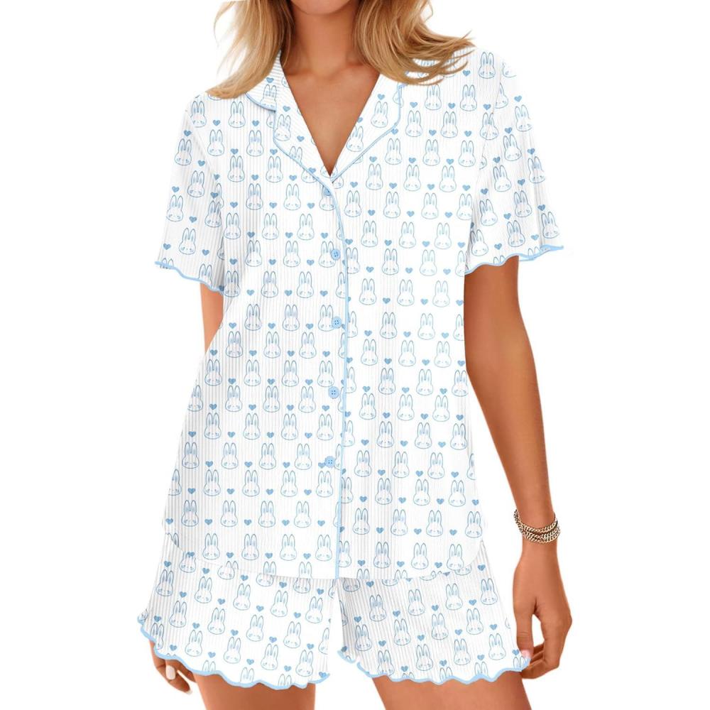 imageEkouaer Button Up Pajamas Set for Women Short Sleeve Ribbed Knit Sleepwear 2 Piece Pjs Shorts SetRabbit