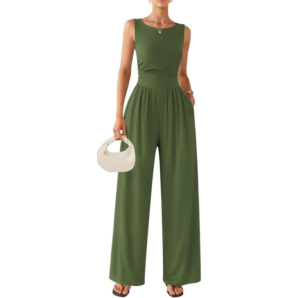 imageEkouaer Jumpsuits for Women One Piece Jumpsuit Wide Leg Sleeveless Crewneck Casual Womens Romper Jumpers With Pockets 2026Army Green