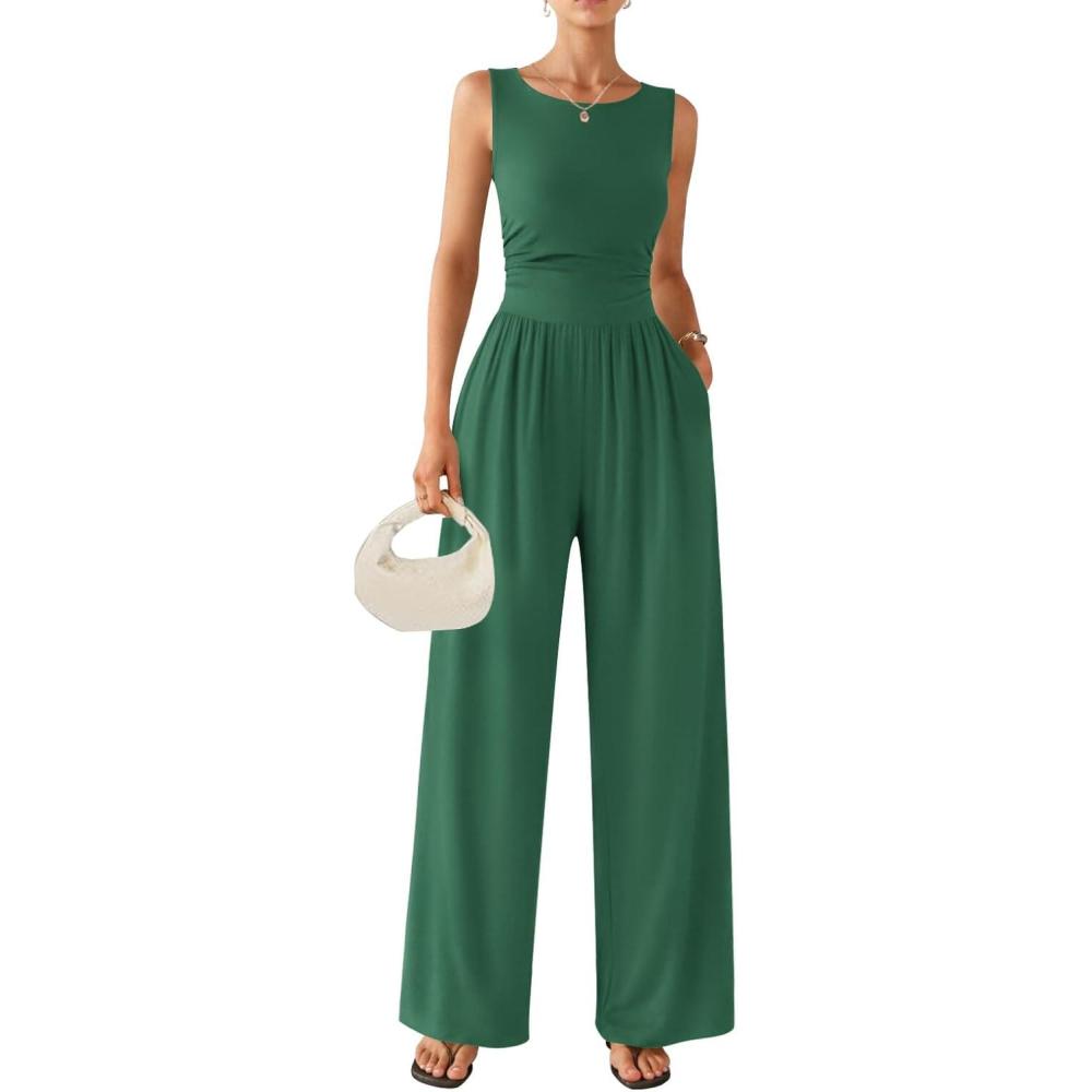 imageEkouaer Jumpsuits for Women One Piece Jumpsuit Wide Leg Sleeveless Crewneck Casual Womens Romper Jumpers With Pockets 2026Green