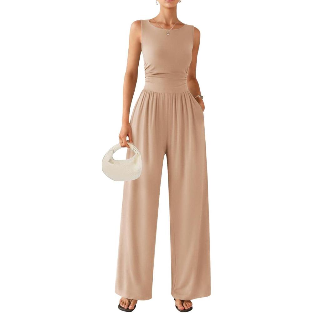 imageEkouaer Jumpsuits for Women One Piece Jumpsuit Wide Leg Sleeveless Crewneck Casual Womens Romper Jumpers With Pockets 2026Khaki