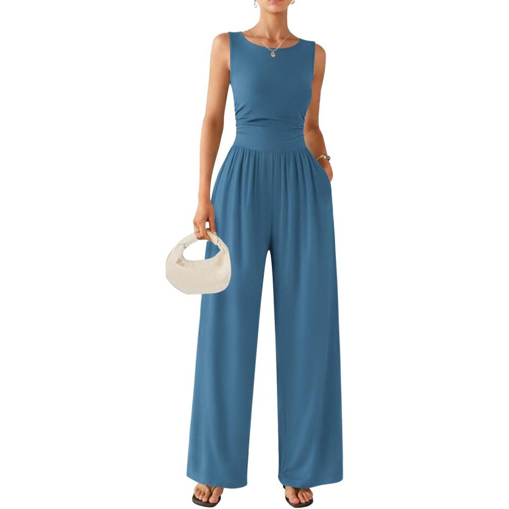imageEkouaer Jumpsuits for Women One Piece Jumpsuit Wide Leg Sleeveless Crewneck Casual Womens Romper Jumpers With Pockets 2026Lake Blue