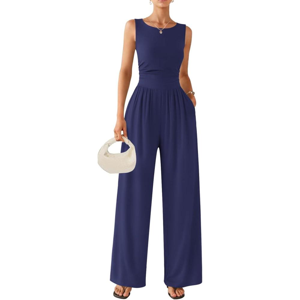 imageEkouaer Jumpsuits for Women One Piece Jumpsuit Wide Leg Sleeveless Crewneck Casual Womens Romper Jumpers With Pockets 2026Navy