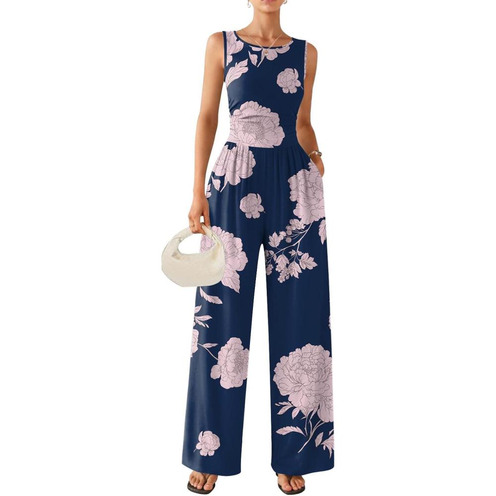 imageEkouaer Jumpsuits for Women One Piece Jumpsuit Wide Leg Sleeveless Crewneck Casual Womens Romper Jumpers With Pockets 2026Pink Floral Navy