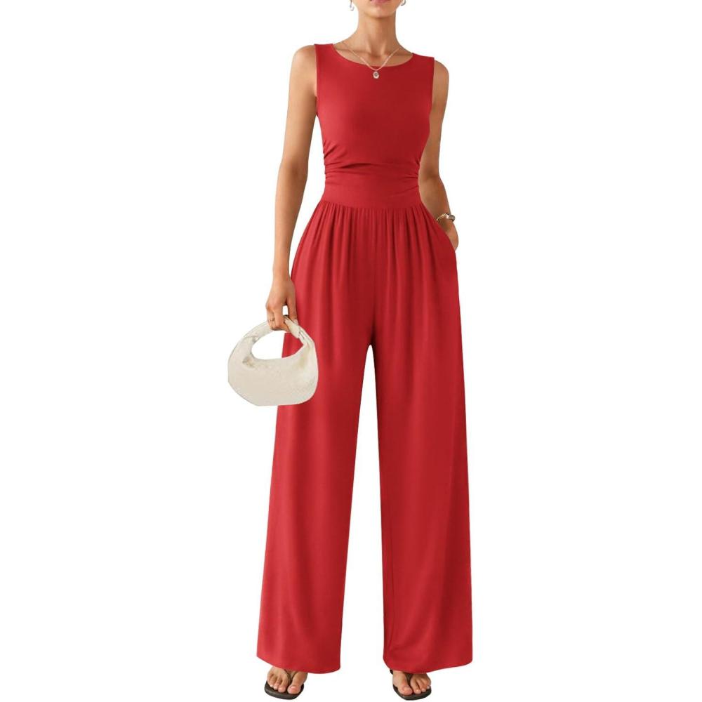 imageEkouaer Jumpsuits for Women One Piece Jumpsuit Wide Leg Sleeveless Crewneck Casual Womens Romper Jumpers With Pockets 2026Red