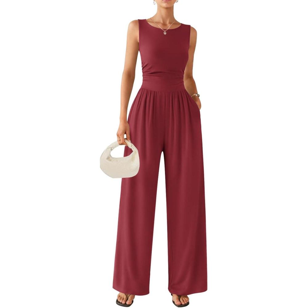 imageEkouaer Jumpsuits for Women One Piece Jumpsuit Wide Leg Sleeveless Crewneck Casual Womens Romper Jumpers With Pockets 2026Wine Red