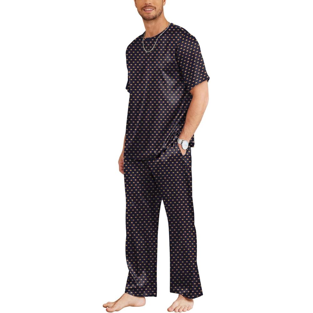 imageEkouaer Mens Silk Satin Pajama Set Short Sleeve Sleepwear Silky Loungewear with Long PantsPolka Dots Orange navy Blue