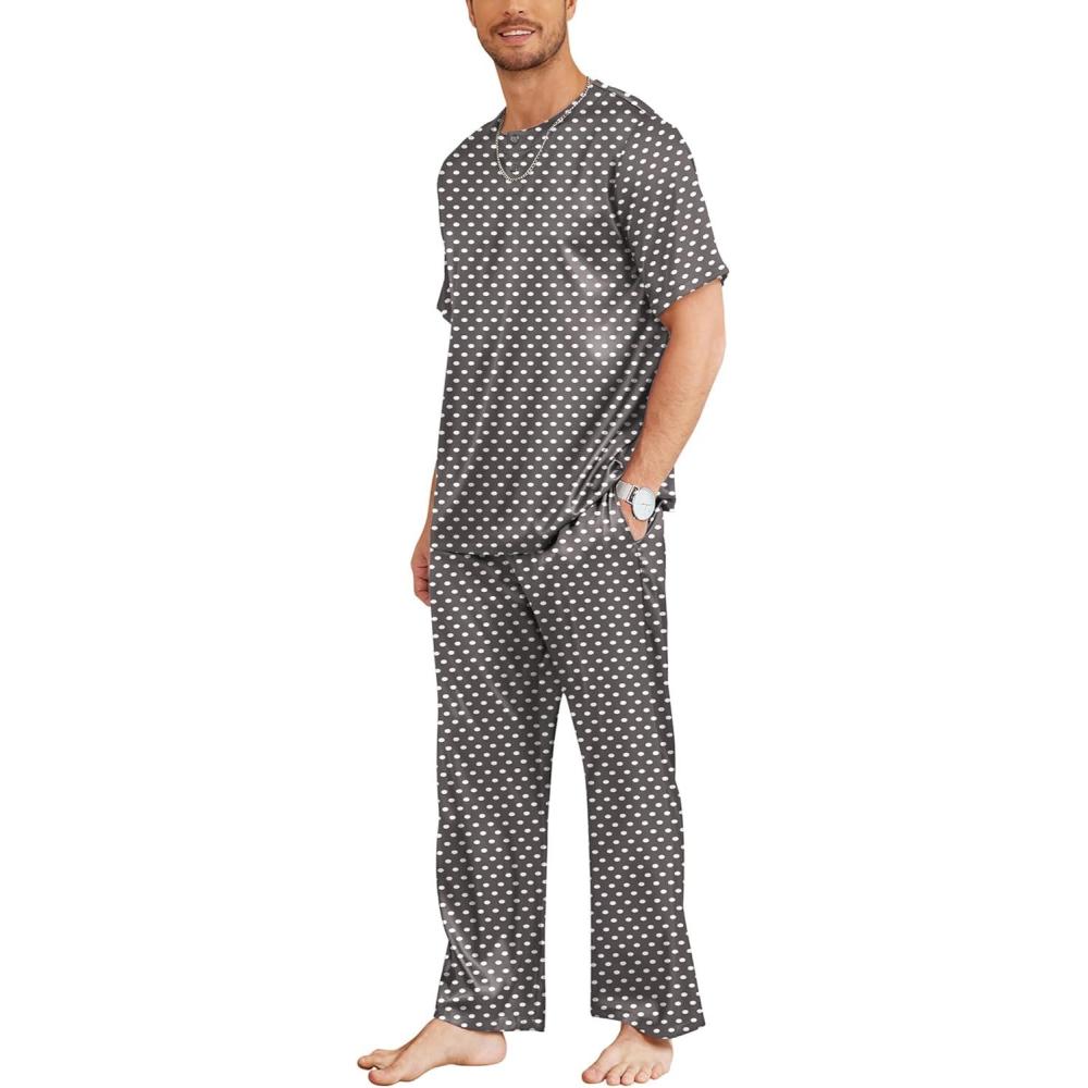 imageEkouaer Mens Silk Satin Pajama Set Short Sleeve Sleepwear Silky Loungewear with Long PantsPolka Dots White grey