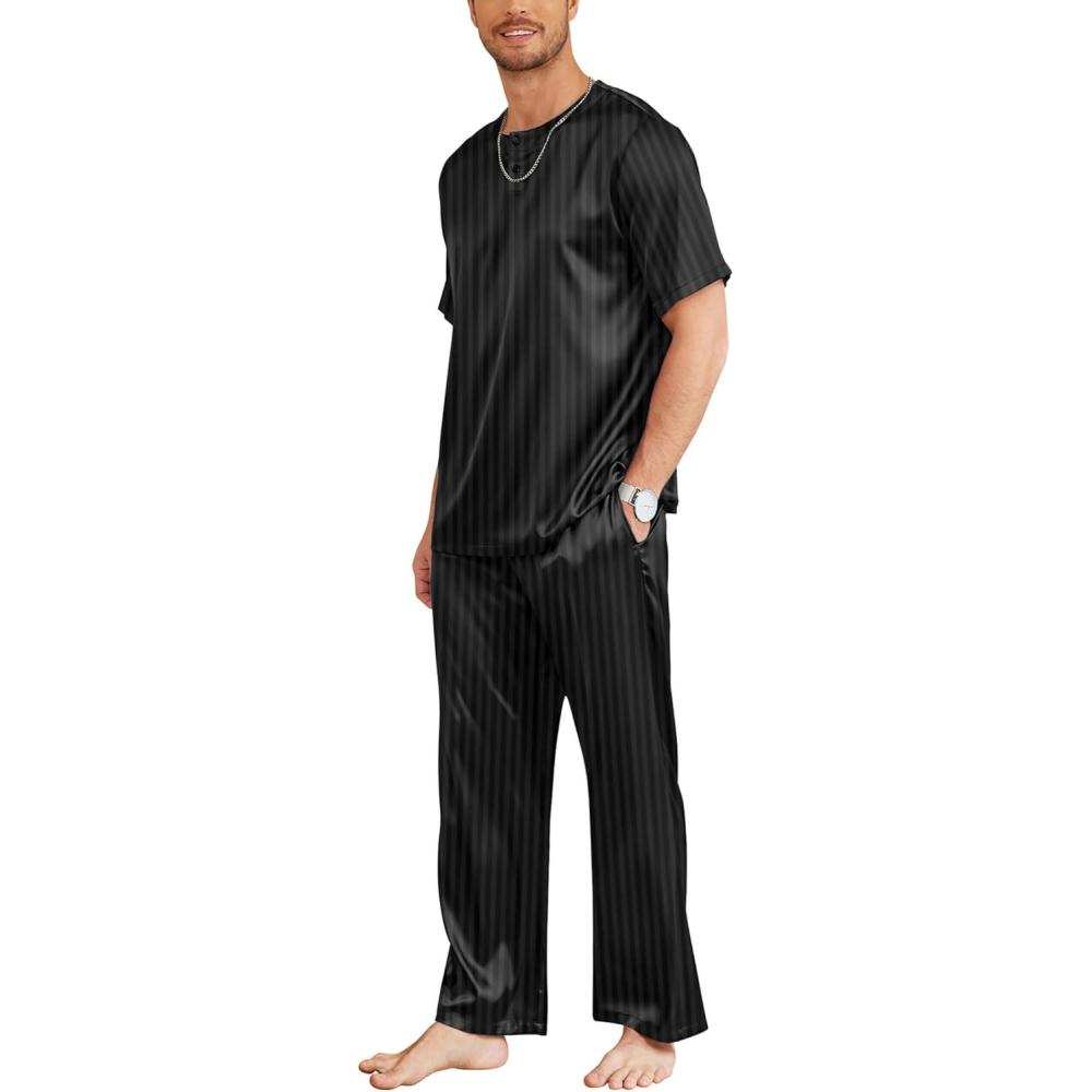 imageEkouaer Mens Silk Satin Pajama Set Short Sleeve Sleepwear Silky Loungewear with Long PantsStripe Black