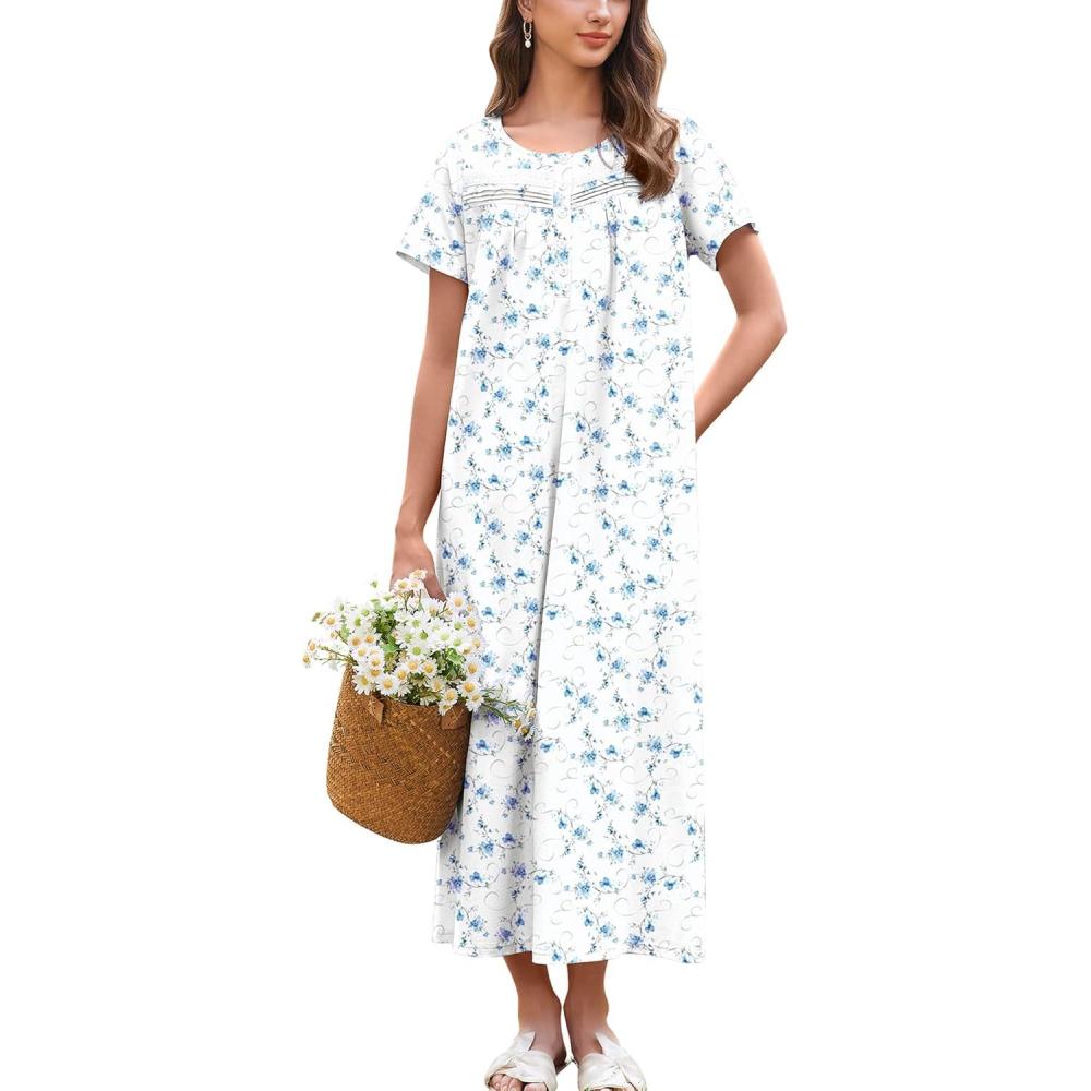 imageEkouaer Nightgown for Women Cotton Long Night Gown Short Sleeve Nightdress with Pockets Button Sleepshirt Soft SleepwearBlue Line Florals