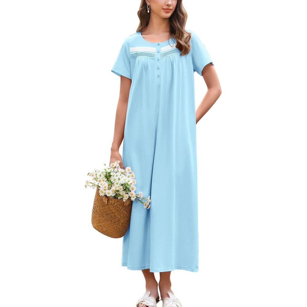 imageEkouaer Nightgown for Women Cotton Long Night Gown Short Sleeve Nightdress with Pockets Button Sleepshirt Soft SleepwearCyan