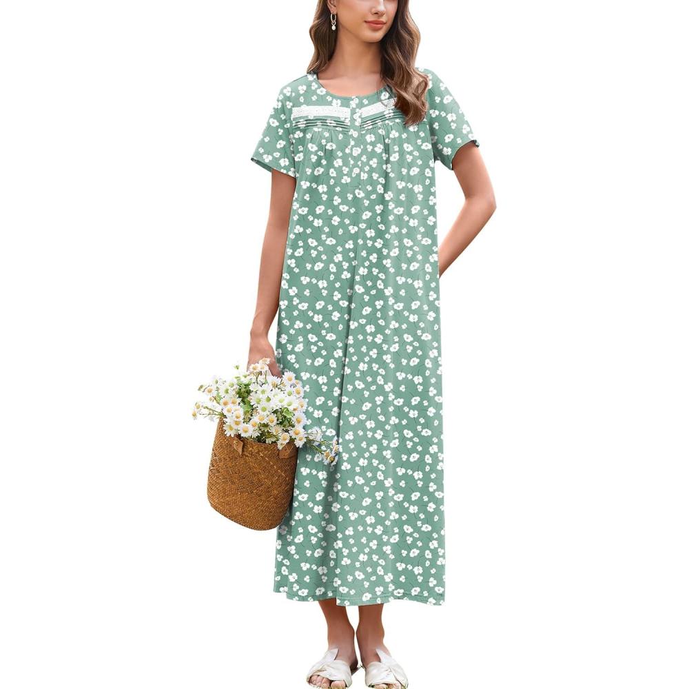 imageEkouaer Nightgown for Women Cotton Long Night Gown Short Sleeve Nightdress with Pockets Button Sleepshirt Soft SleepwearGreen White Florals