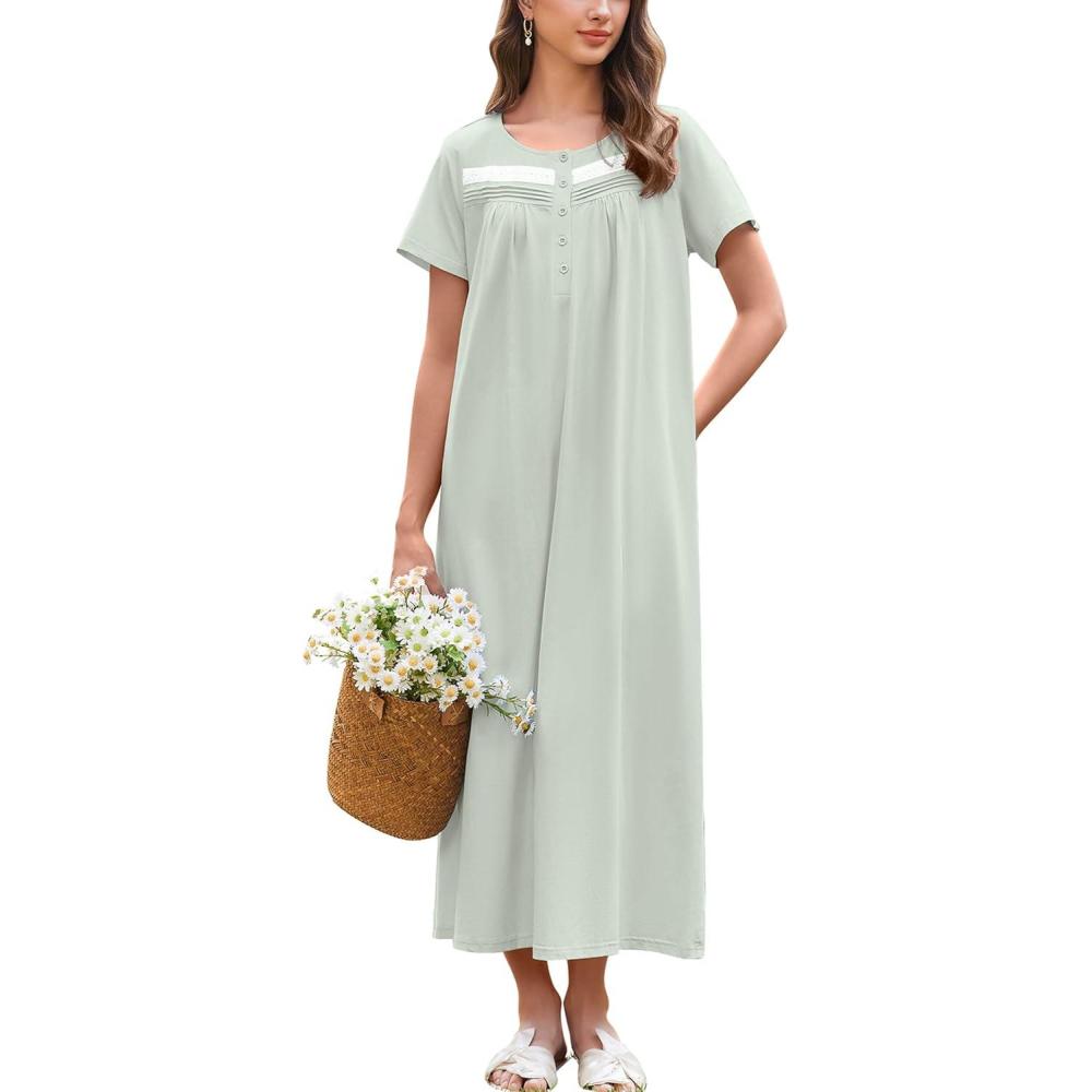 imageEkouaer Nightgown for Women Cotton Long Night Gown Short Sleeve Nightdress with Pockets Button Sleepshirt Soft SleepwearLight Green