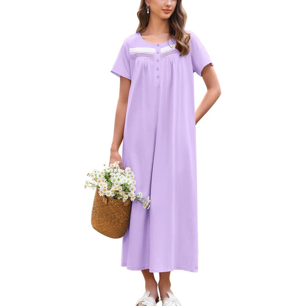 imageEkouaer Nightgown for Women Cotton Long Night Gown Short Sleeve Nightdress with Pockets Button Sleepshirt Soft SleepwearLight Purple