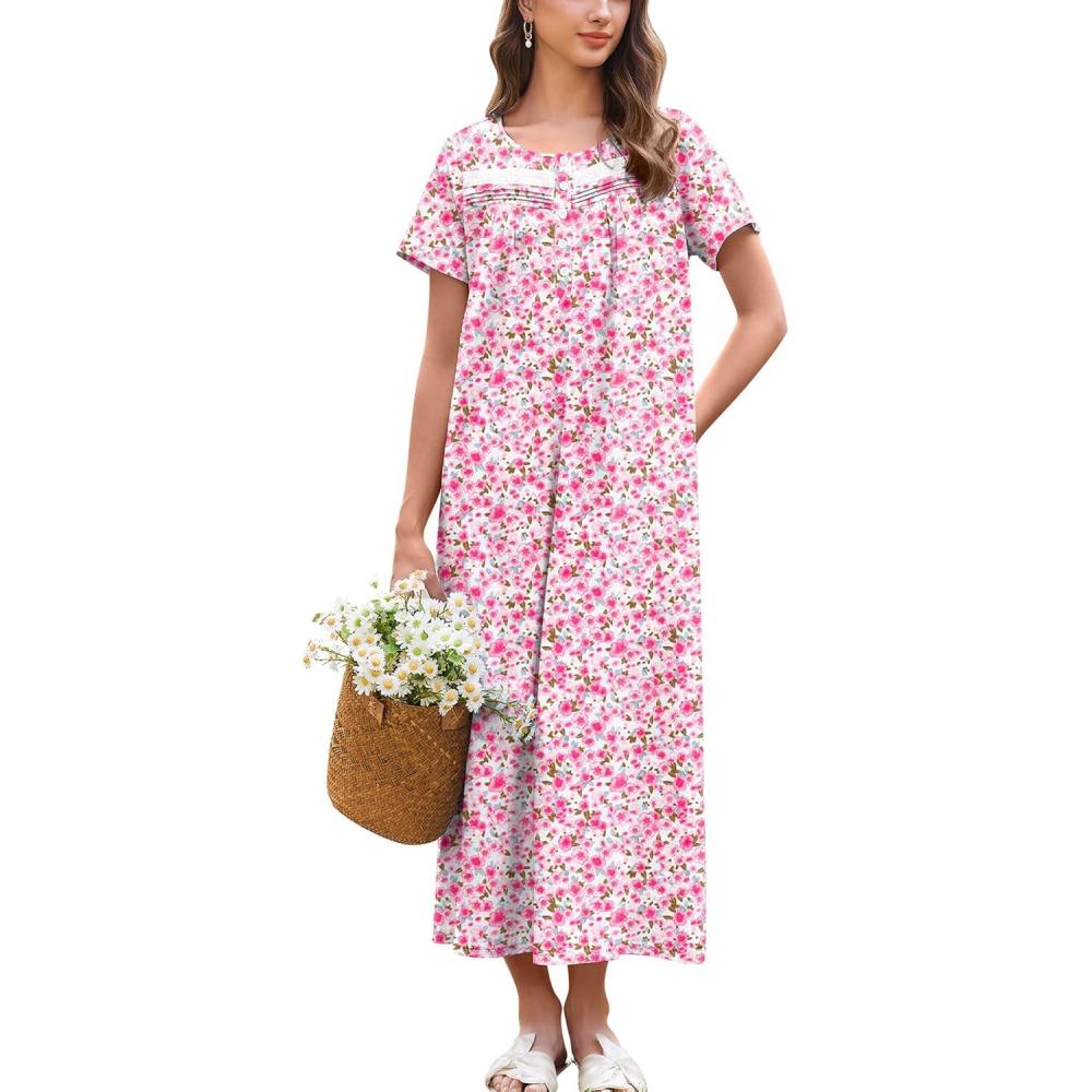 imageEkouaer Nightgown for Women Cotton Long Night Gown Short Sleeve Nightdress with Pockets Button Sleepshirt Soft SleepwearPink Florals