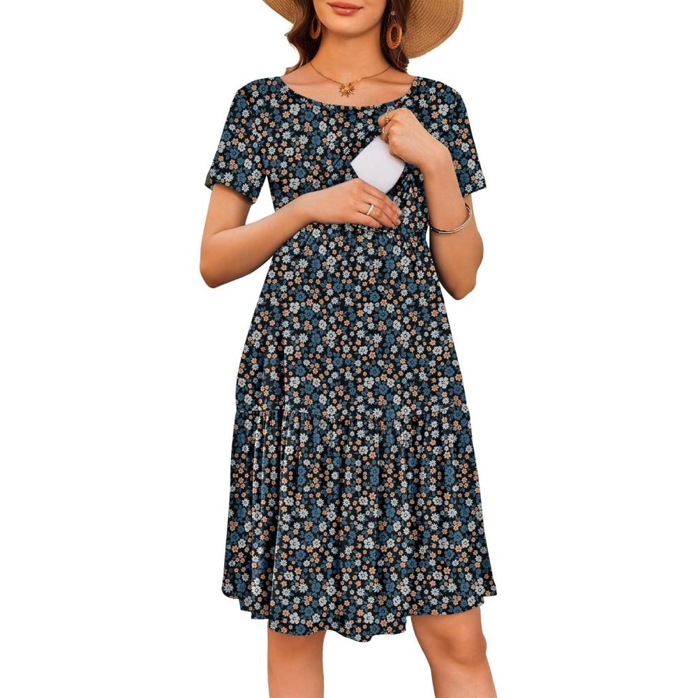 imageEkouaer Nursing Dress Summer Short Sleeve Breastfeeding Casual Knee Length Maternity Dresses SXXLBlue Orange Floral