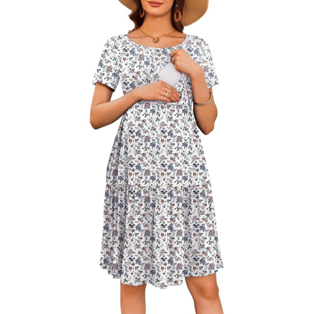 imageEkouaer Nursing Dress Summer Short Sleeve Breastfeeding Casual Knee Length Maternity Dresses SXXLFloral Cream