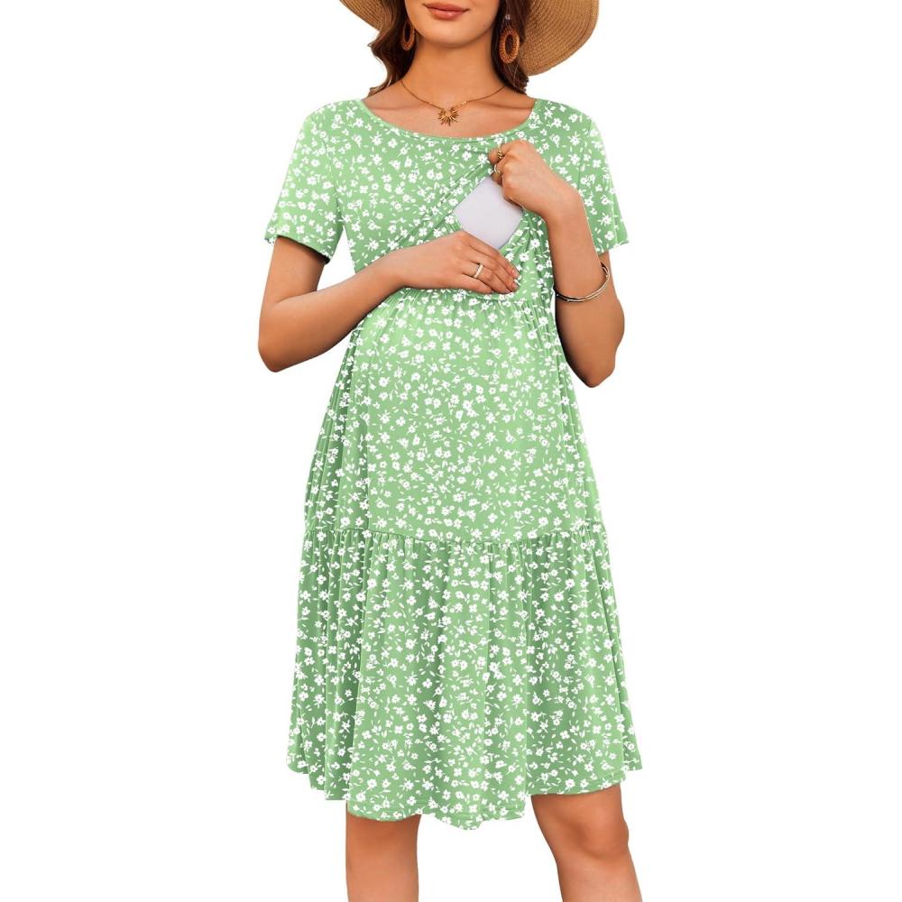 imageEkouaer Nursing Dress Summer Short Sleeve Breastfeeding Casual Knee Length Maternity Dresses SXXLGreen Floral