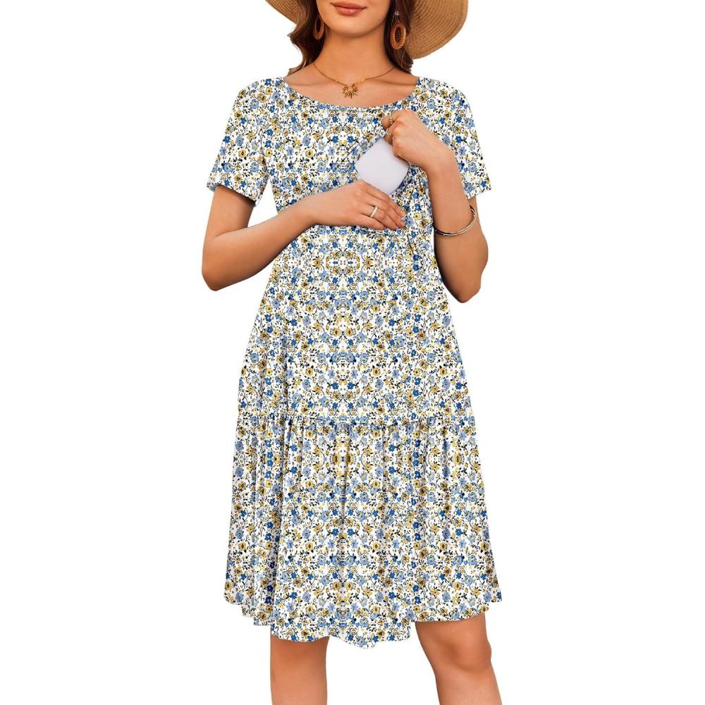 imageEkouaer Nursing Dress Summer Short Sleeve Breastfeeding Casual Knee Length Maternity Dresses SXXLWhite Daisy Floral