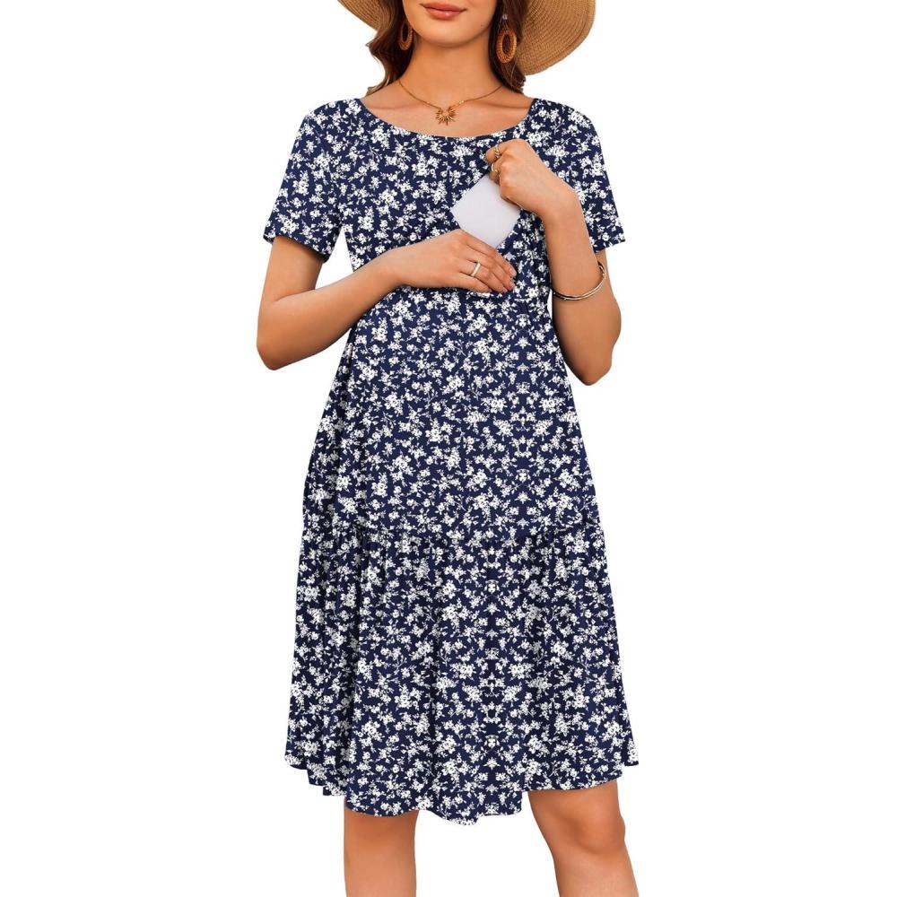 imageEkouaer Nursing Dress Summer Short Sleeve Breastfeeding Casual Knee Length Maternity Dresses SXXLWhite Floral