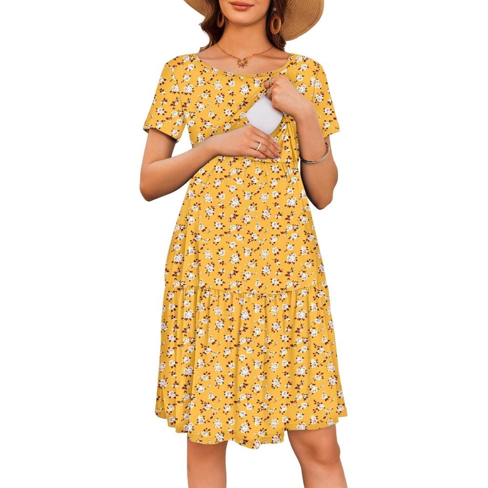 imageEkouaer Nursing Dress Summer Short Sleeve Breastfeeding Casual Knee Length Maternity Dresses SXXLYellow Floral