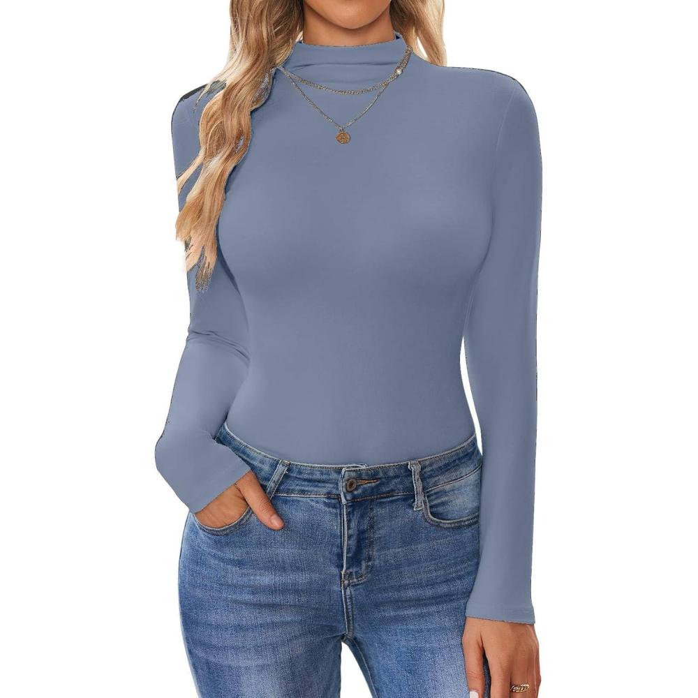 imageEkouaer Turtleneck Shirt Women Long Sleeve Mock Neck Slim Fit Tops Thermal Base Layer Soft Lightweight Stretch UndershirtsGray Blue