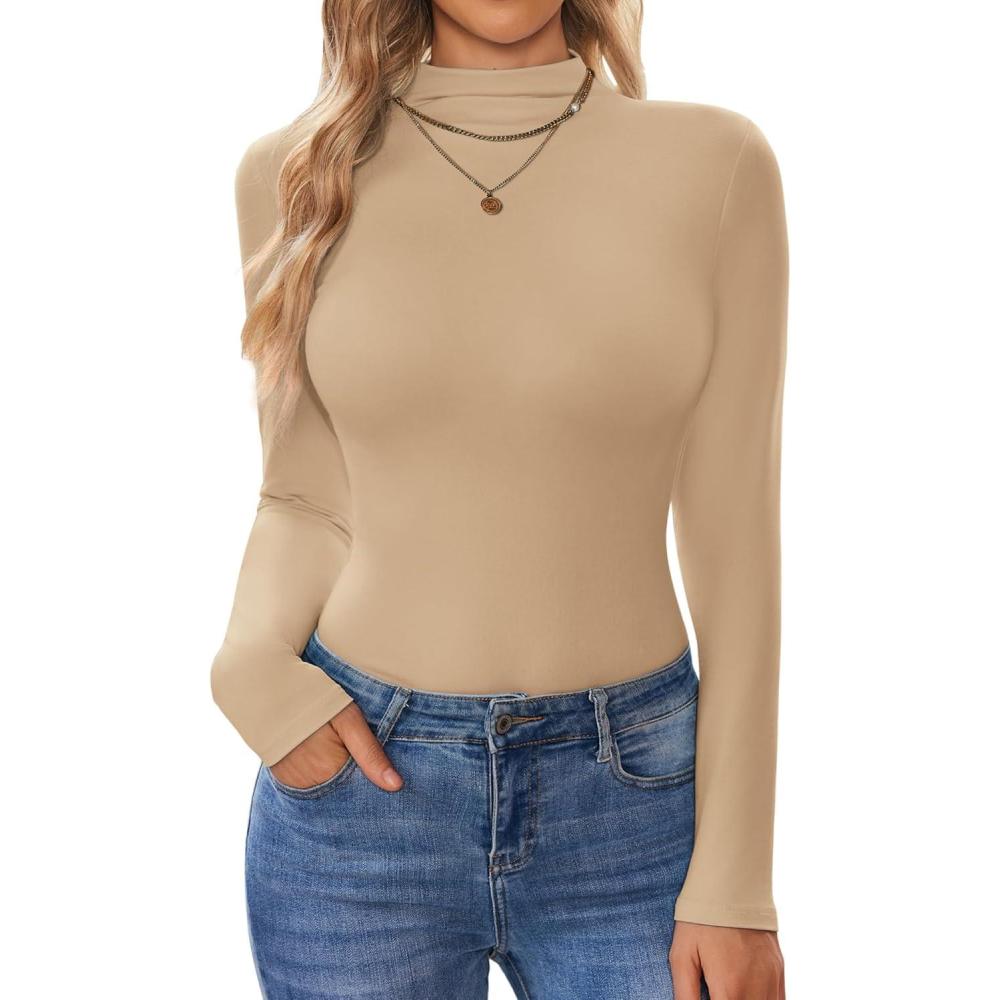 imageEkouaer Turtleneck Shirt Women Long Sleeve Mock Neck Slim Fit Tops Thermal Base Layer Soft Lightweight Stretch UndershirtsKhaki