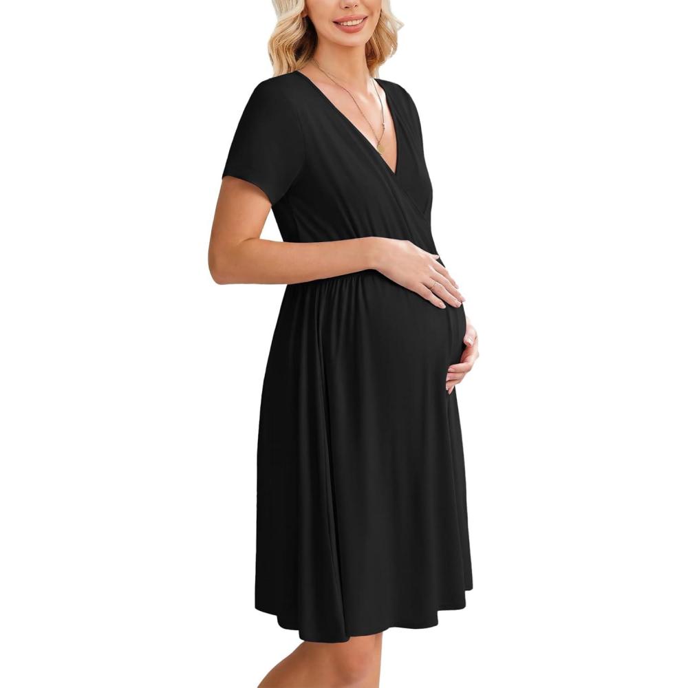 imageEkouaer Women 3 in 1 Labor and Delivery Gown Split Front Flap Maternity Hospital Dress Nursing Nightgown for BreastfeedingBlack