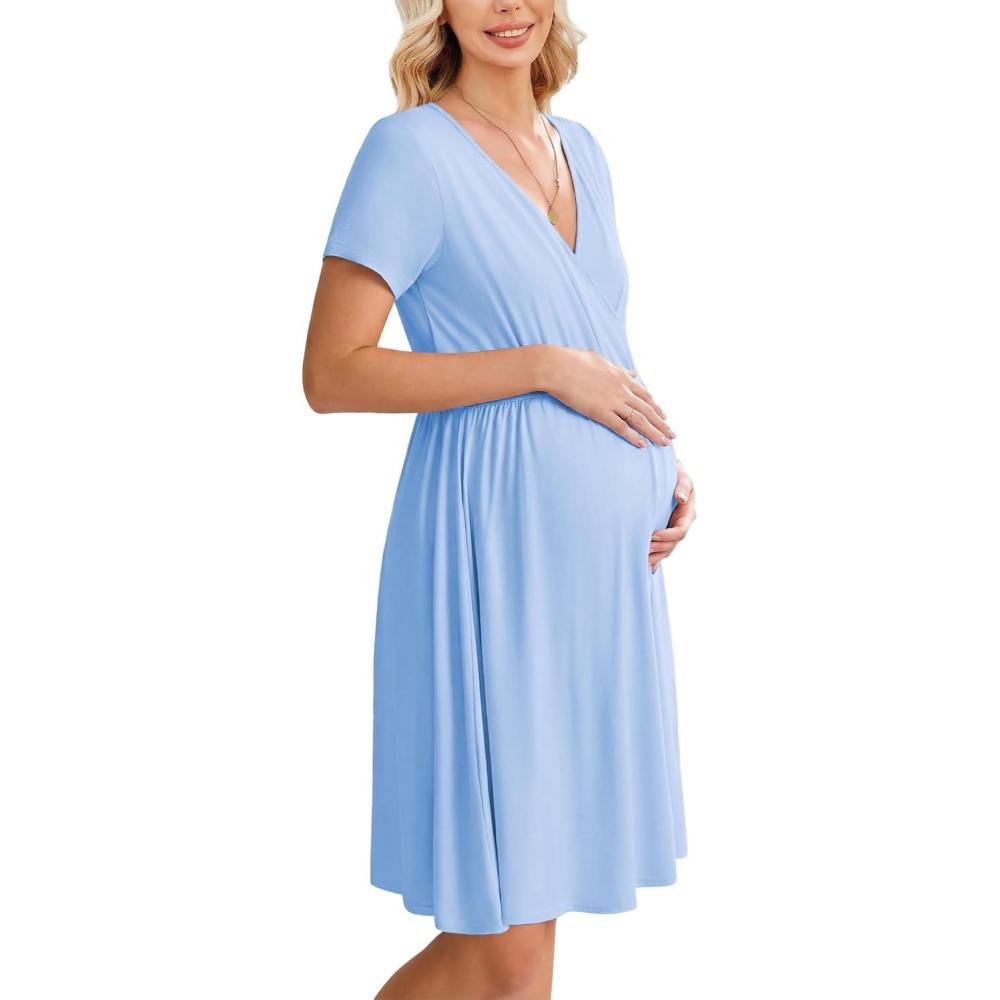 imageEkouaer Women 3 in 1 Labor and Delivery Gown Split Front Flap Maternity Hospital Dress Nursing Nightgown for BreastfeedingBlue