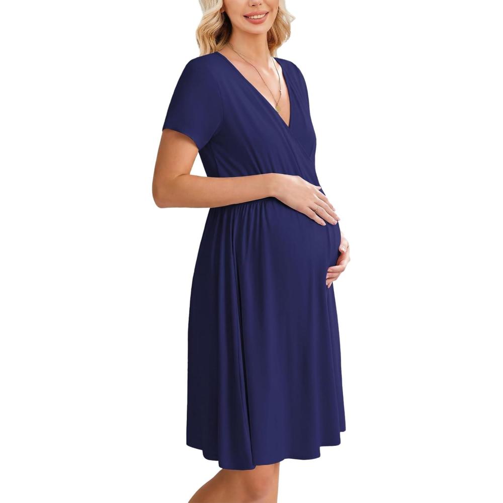 imageEkouaer Women 3 in 1 Labor and Delivery Gown Split Front Flap Maternity Hospital Dress Nursing Nightgown for BreastfeedingNavy Blue
