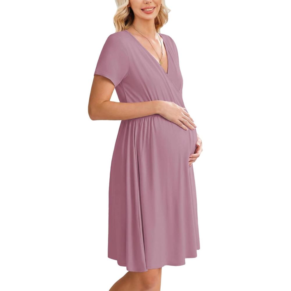 imageEkouaer Women 3 in 1 Labor and Delivery Gown Split Front Flap Maternity Hospital Dress Nursing Nightgown for BreastfeedingTaro Purple