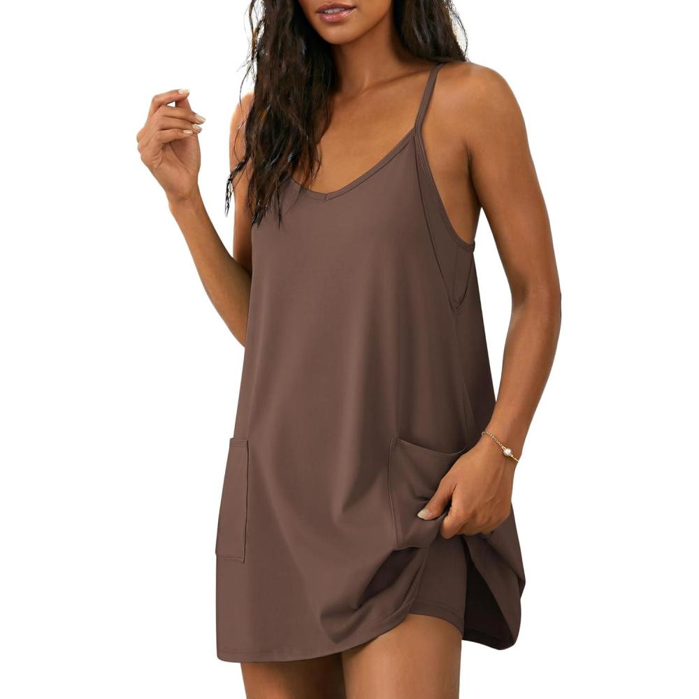 imageEkouaer Womens Athletic Romper Dress Summer Tennis Active Sports Mini Dresses Built in Shorts Travel Vacation Outfits SXXLBrown
