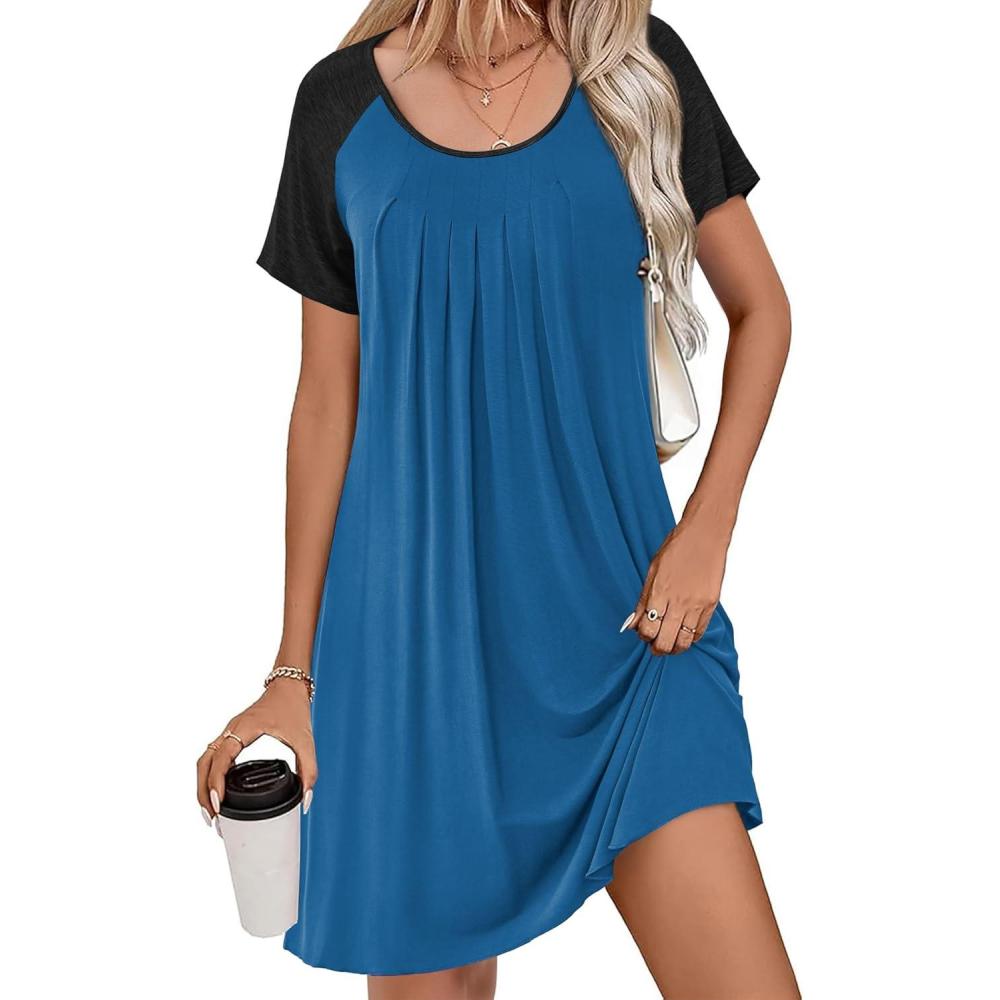imageEkouaer Womens Nightgown Short Sleeve Sleepwear Comfy Sleepshirts Pleated Scoopneck Nightshirt SXXXLNew Navy