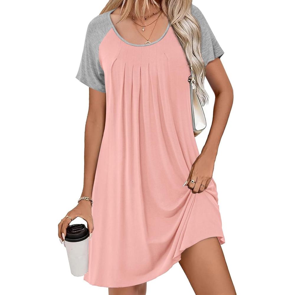 imageEkouaer Womens Nightgown Short Sleeve Sleepwear Comfy Sleepshirts Pleated Scoopneck Nightshirt SXXXLOrange Pink
