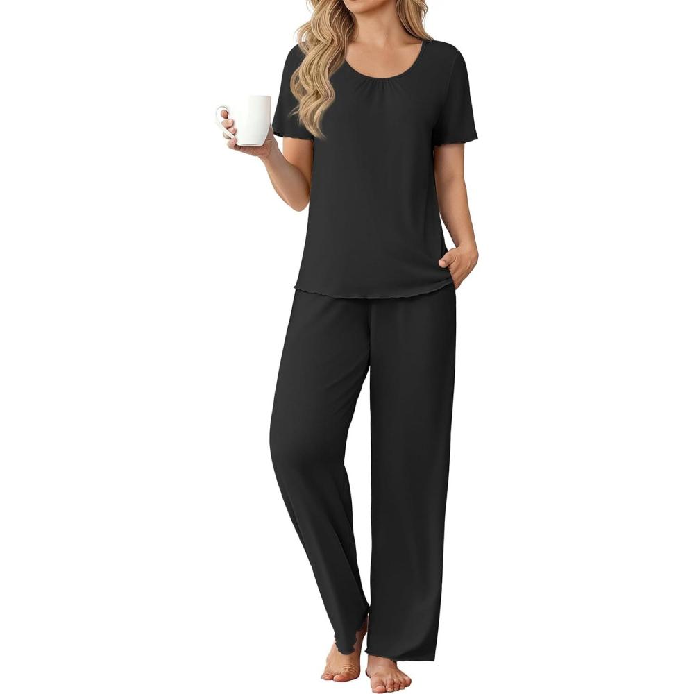 imageEkouaer Womens Pajama Sets Viscose from bamboo Lounge Set Soft Pajamas for Women Set Short Sleeve and Long Pants SleepwearBlack