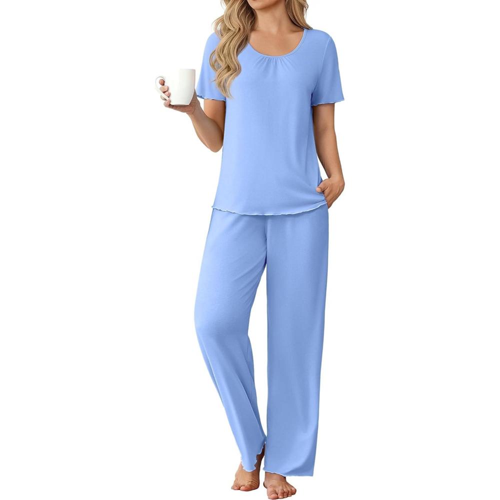 imageEkouaer Womens Pajama Sets Viscose from bamboo Lounge Set Soft Pajamas for Women Set Short Sleeve and Long Pants SleepwearBlue