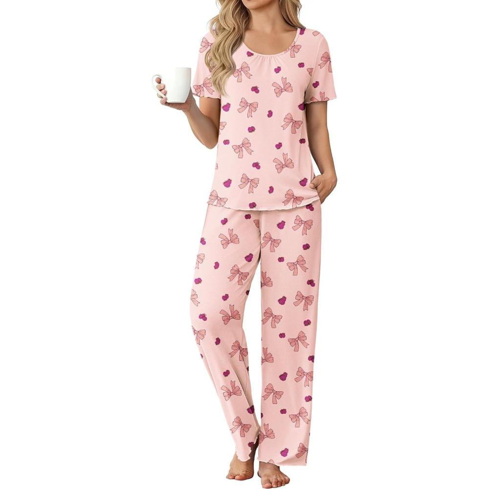 imageEkouaer Womens Pajama Sets Viscose from bamboo Lounge Set Soft Pajamas for Women Set Short Sleeve and Long Pants SleepwearBow