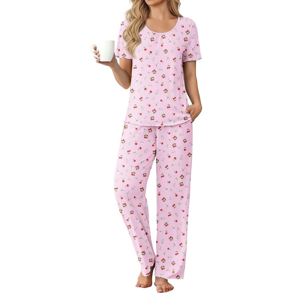 imageEkouaer Womens Pajama Sets Viscose from bamboo Lounge Set Soft Pajamas for Women Set Short Sleeve and Long Pants SleepwearCherry and Flowers