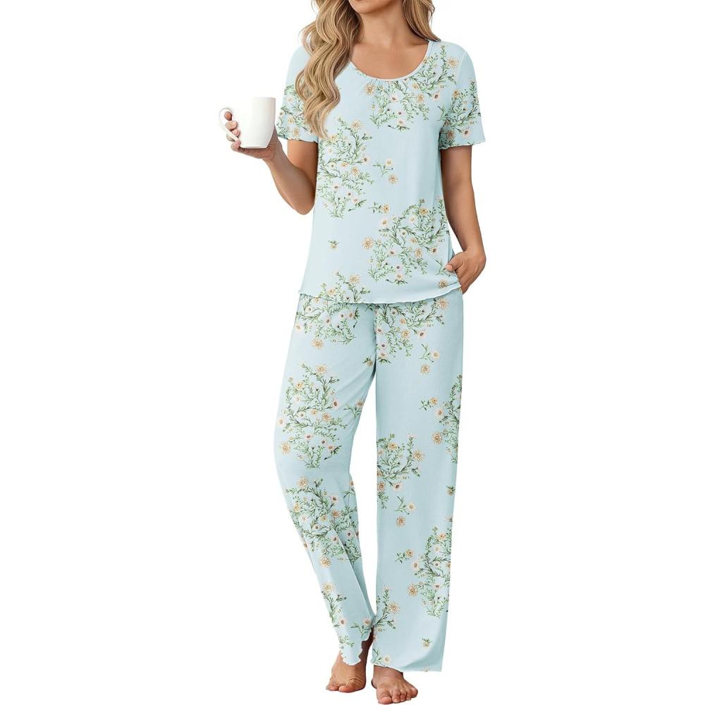 imageEkouaer Womens Pajama Sets Viscose from bamboo Lounge Set Soft Pajamas for Women Set Short Sleeve and Long Pants SleepwearDaisy Bouquet
