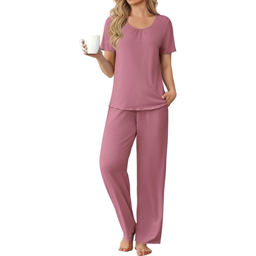 imageEkouaer Womens Pajama Sets Viscose from bamboo Lounge Set Soft Pajamas for Women Set Short Sleeve and Long Pants SleepwearDeep Pink