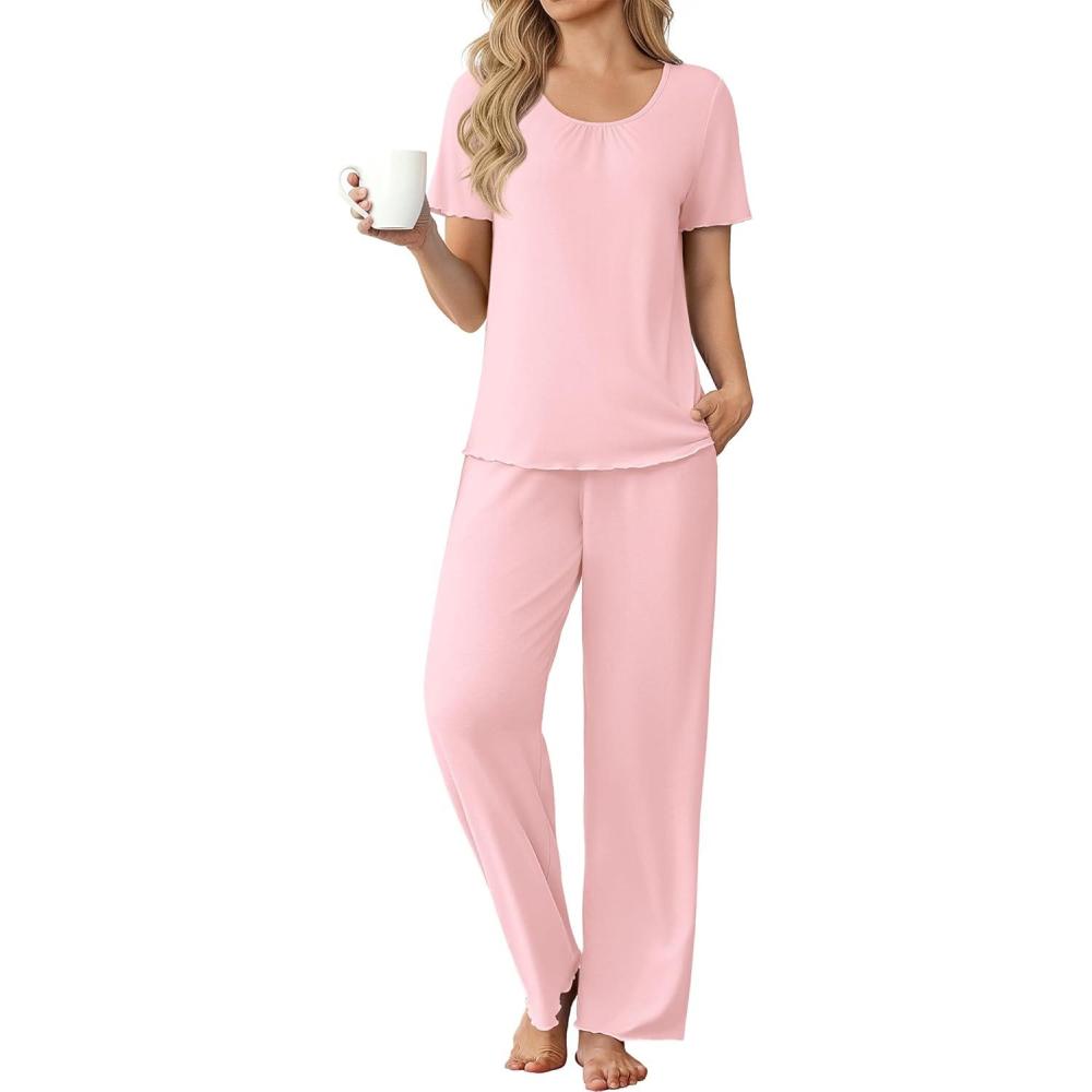 imageEkouaer Womens Pajama Sets Viscose from bamboo Lounge Set Soft Pajamas for Women Set Short Sleeve and Long Pants SleepwearLight Pink
