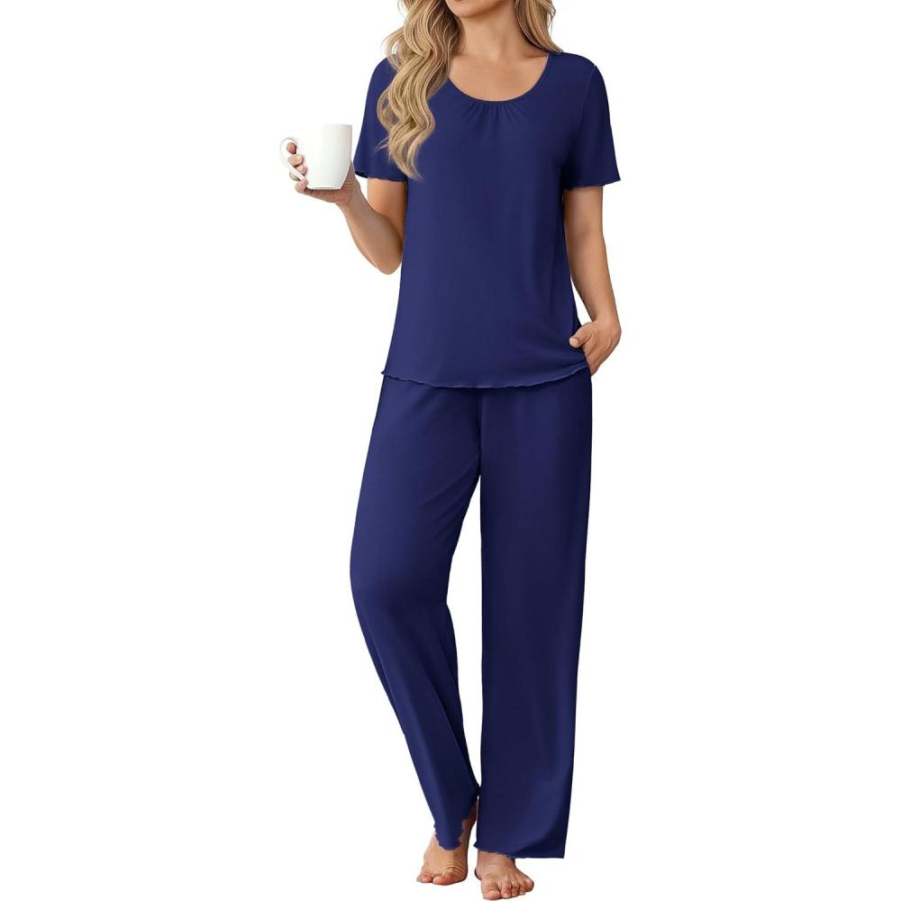 imageEkouaer Womens Pajama Sets Viscose from bamboo Lounge Set Soft Pajamas for Women Set Short Sleeve and Long Pants SleepwearNavy Blue