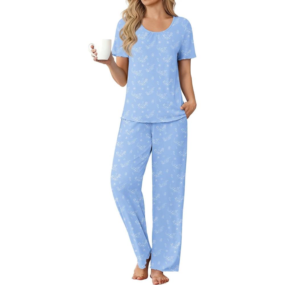 imageEkouaer Womens Pajama Sets Viscose from bamboo Lounge Set Soft Pajamas for Women Set Short Sleeve and Long Pants SleepwearSea Animals