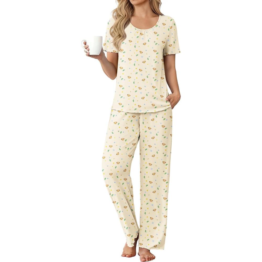 imageEkouaer Womens Pajama Sets Viscose from bamboo Lounge Set Soft Pajamas for Women Set Short Sleeve and Long Pants SleepwearTeddy Bear