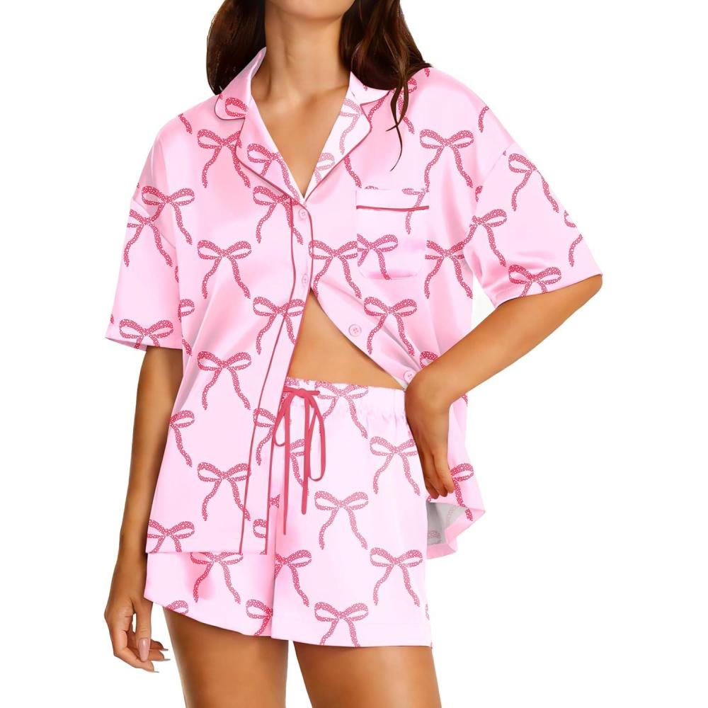 imageEkouaer Womens Silk Satin Pajama Set 2 Piece Heart Embroidery Short Sleeve Button Down Pjs Set for Bridal PartyBow Pink