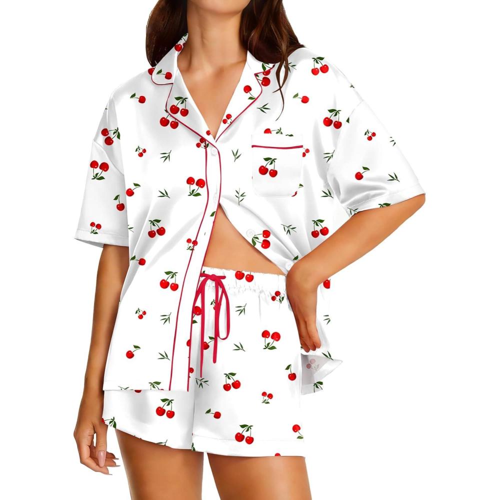 imageEkouaer Womens Silk Satin Pajama Set 2 Piece Heart Embroidery Short Sleeve Button Down Pjs Set for Bridal PartyCherry White