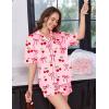 Ekouaer Womens Silk Satin Pajama Set, 2 Piece Heart Embroidery Short Sleeve Button Down Pjs Set for Bridal Party(Cherry Pink)