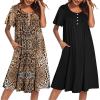 Ekouaer 2 Pack House Dresses for Women with Pockets Short Sleeve Moomoo Nightgown Plus Size Mumu Dress Floral Lounge Dress(Black/Leopard)