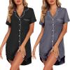 Ekouaer 2 Pack Nightgowns for Women Button Down Sleepshirts Short Sleeve Sleepwear V Neck Nightshirt Pajama Dress(Black/Grey)