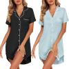Ekouaer 2 Pack Nightgowns for Women Button Down Sleepshirts Short Sleeve Sleepwear V Neck Nightshirt Pajama Dress(Black/Light Blue)